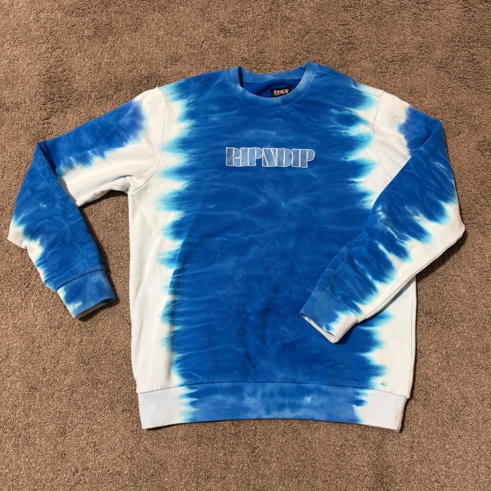 RIPNDIP Tie Dye Crewneck Sweatshirt Blue White Embroidered Logo Men'sβ Size L